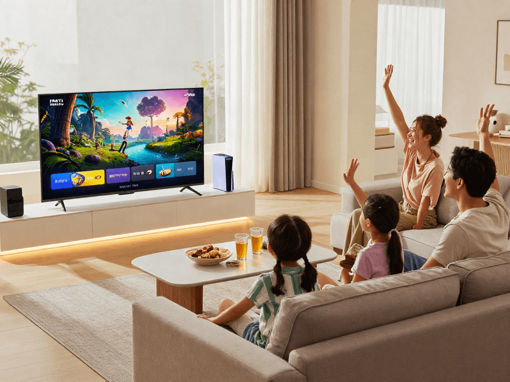 Family enjoying time together watching Iron TV Pro in a cozy living room.