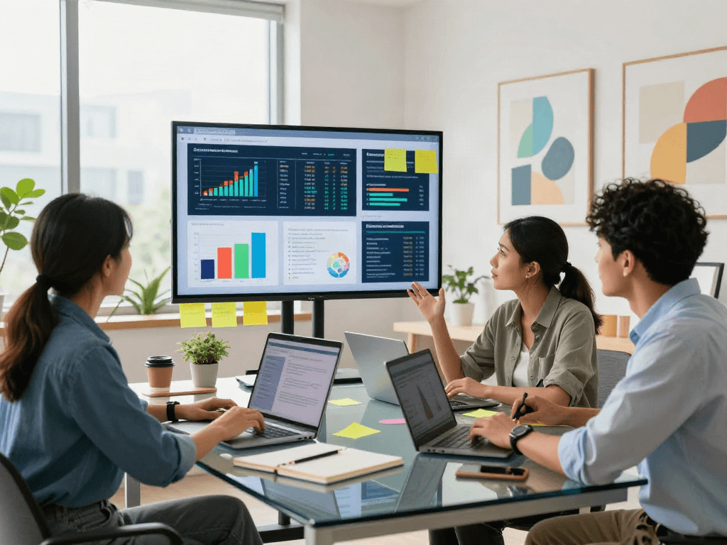 Collaboration d'équipe moderne d'Atlas pro dans un bureau lumineux, stratégie marketing présentée sur écran.