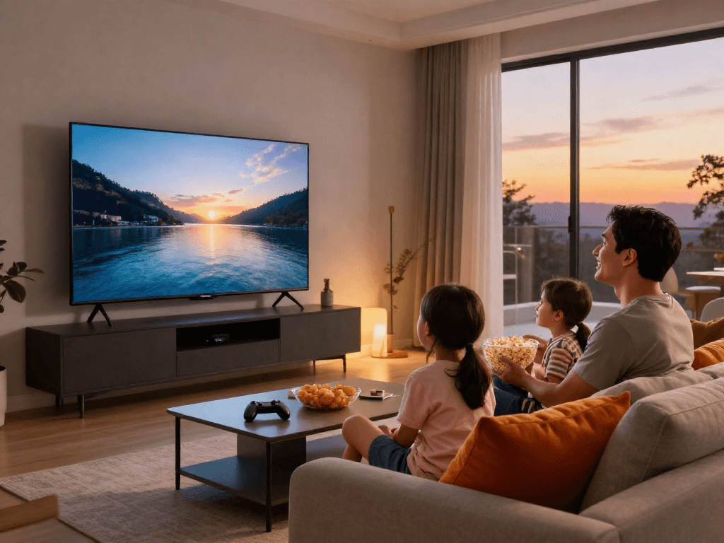 Famille profitant de la nuit cinéma avec le téléviseur Iron TV Pro dans un salon moderne et chaleureux