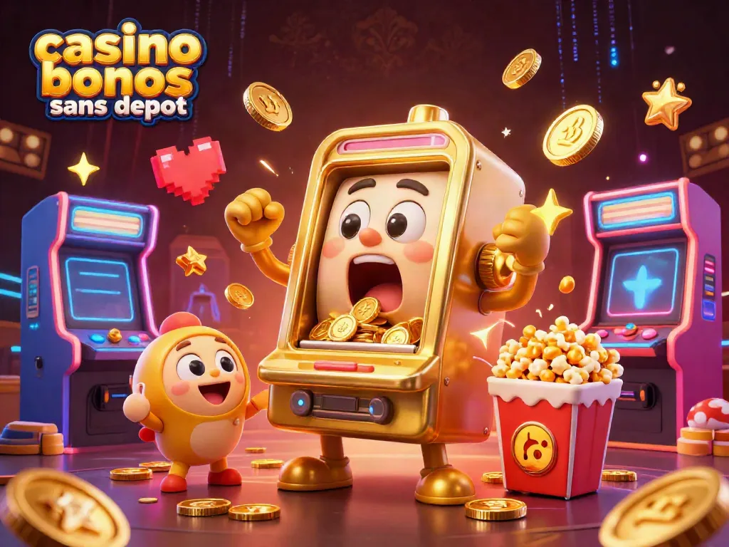Le jackpot d'un casino sans dépôt avec une machine à sous dorée enthousiaste et des machines à sous bébés qui encouragent.