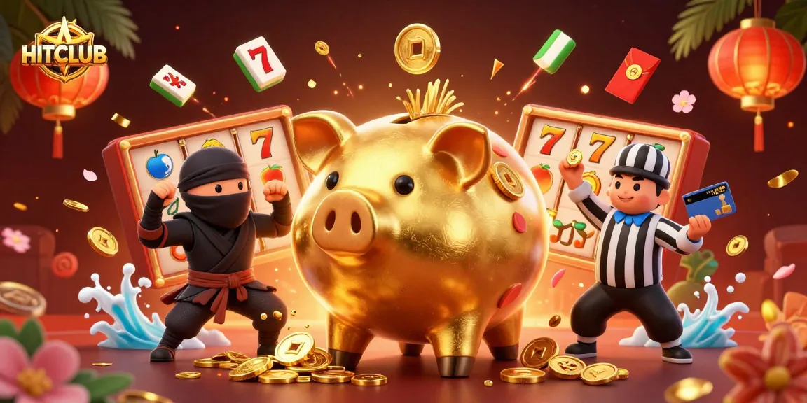 HITCLUB engages players with vibrant 3D casino art featuring a golden piggy bank sumo wrestler.