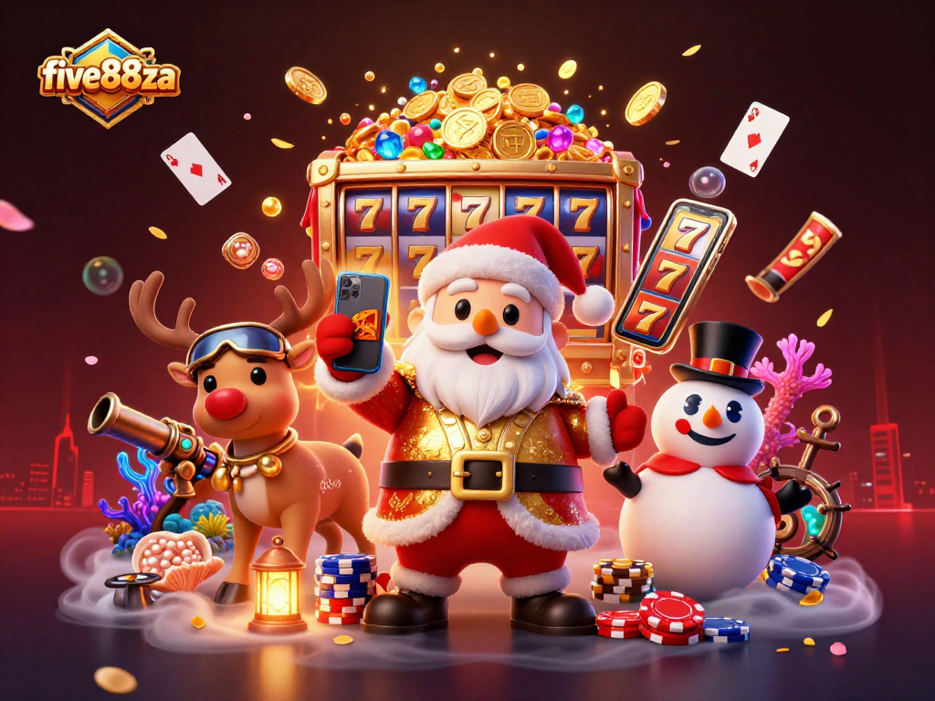 Experience jackpot excitement with five88za's cartoon Santa and friends in a vibrant casino scene.