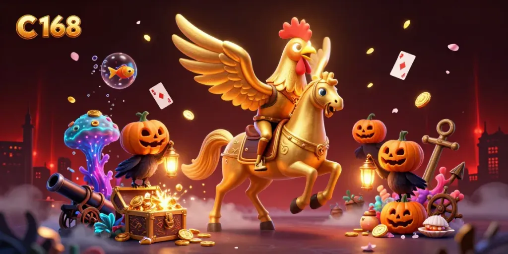 Experience thrilling gaming with c 168 in a vibrant casino scene featuring unique characters and gold treasures.