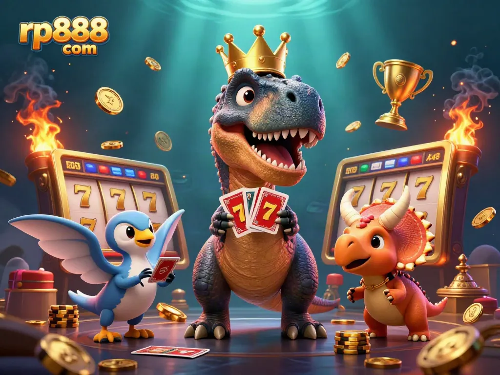 Engaging scene featuring T-Rex playing cards and stacking slots with the brand rp888 com, showcasing a lively casino atmosphere.