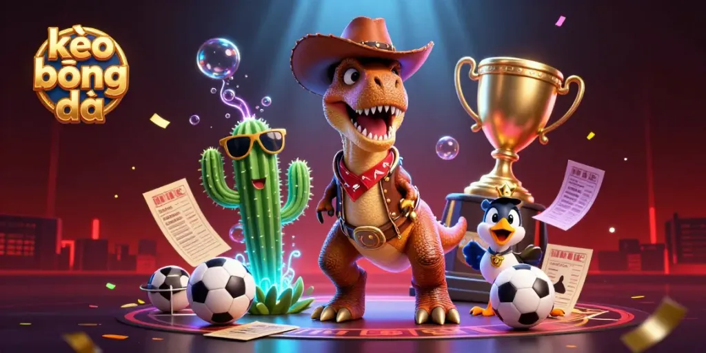 Engage in kèo bóng đá action with a T-Rex, cactus, and roadrunner at a vibrant sports betting scene.