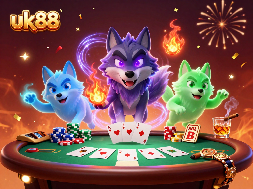 Engage with the intense action as uk88 players strategize at a poker table surrounded by vibrant game elements.