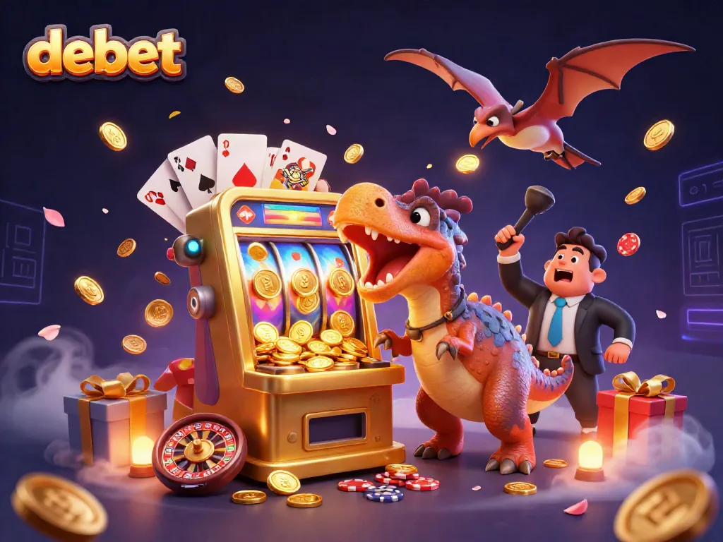 Experience jackpot thrills with debet as a pachycephalosaurus interacts with a slot machine amidst a vibrant casino scene.