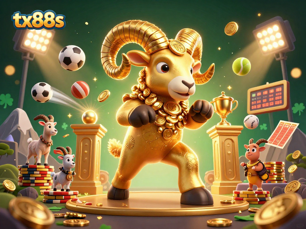 Experience thrilling action at tx88s with our 3D golden ram charging through a vibrant gambling scene.
