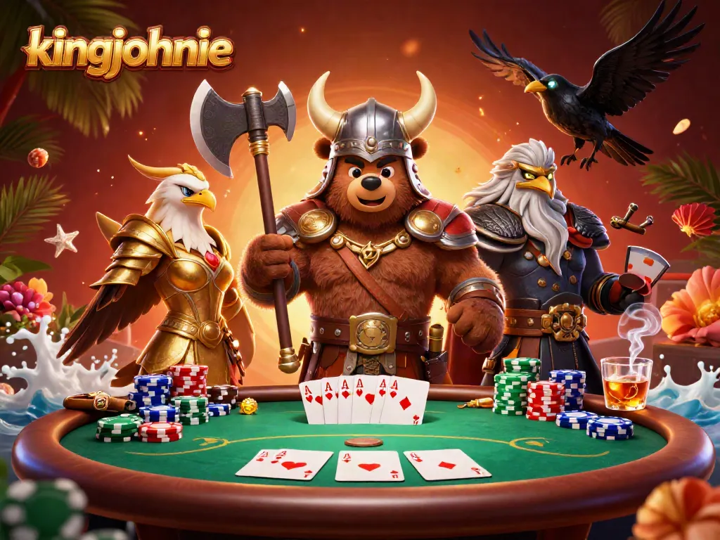 Experience thrilling poker action with kingjohnnie's Viking berserker and Valkyrie in an epic 3D casino scene.