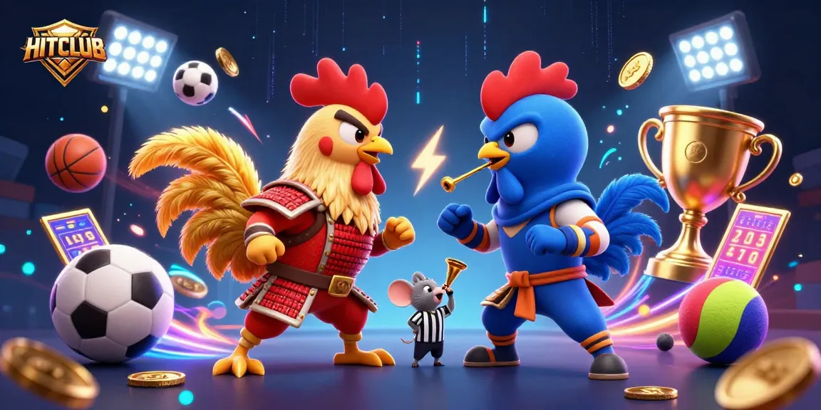 Engage in HITCLUB's thrilling showdown with roosters and dynamic sports elements under neon lights.