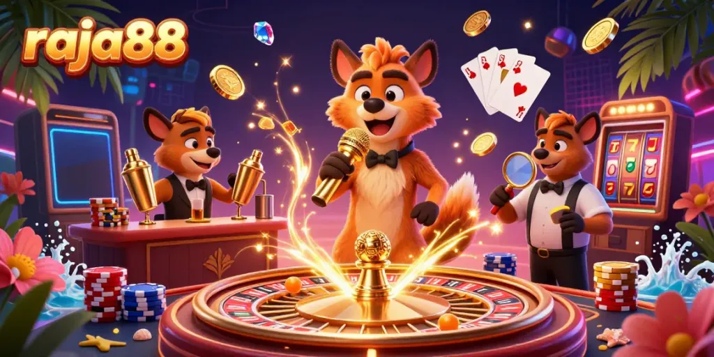 Engage with raja88's vibrant comedy casino club as hyenas entertain amid cascading gold coins.