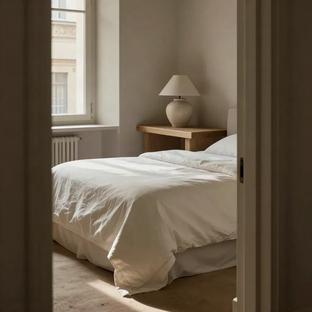 Chambre compacte avec lit blanc, lampe céramique et bureau en chêne, baignée de lumière de cour.