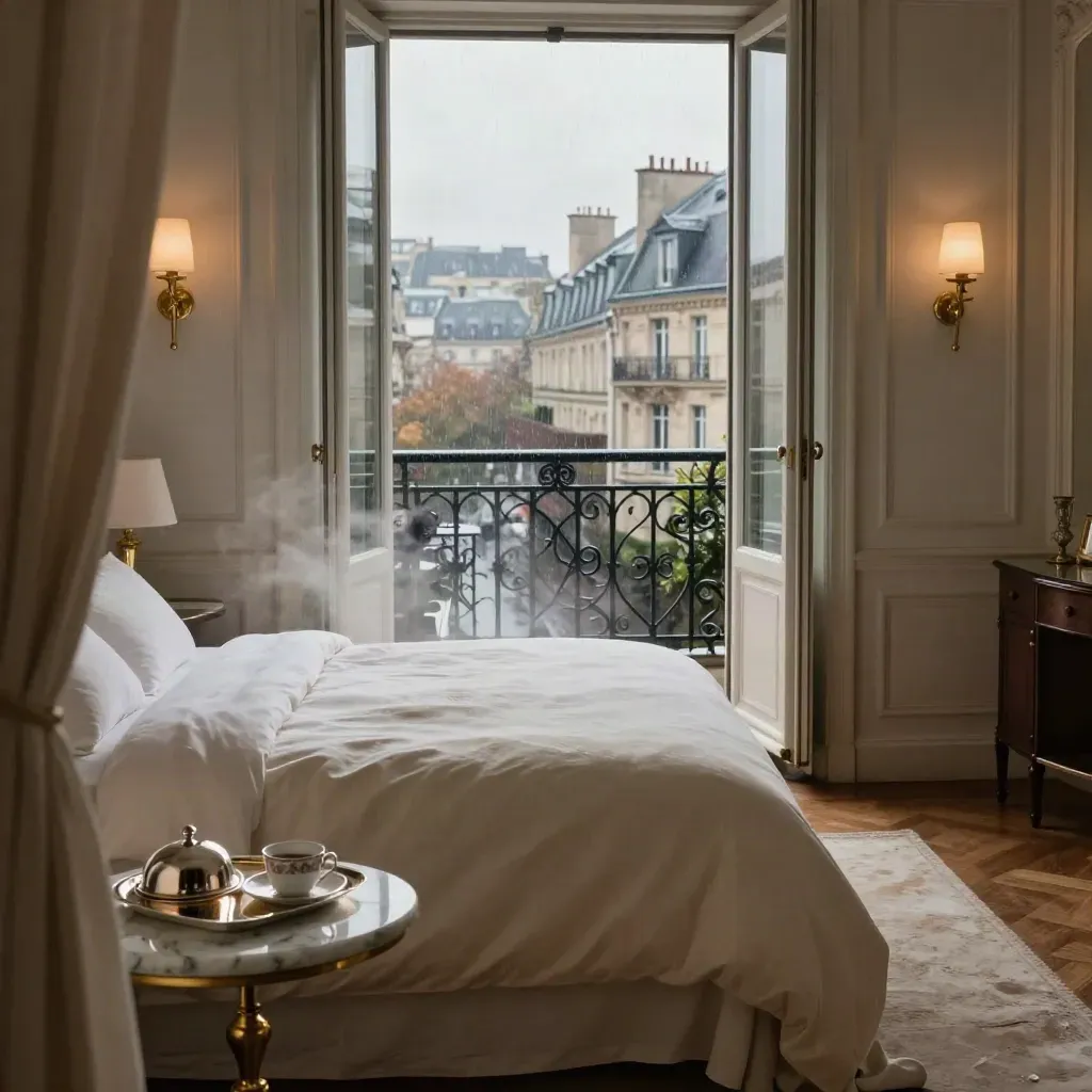Suite parisienne lumineuse avec lit king-size, petit-déjeuner au lit et pluie sur les toits.