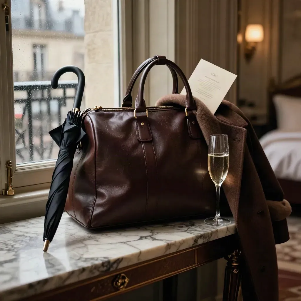Valise de week-end, coupe de champagne et manteau plié près d’une fenêtre pluvieuse à Paris.