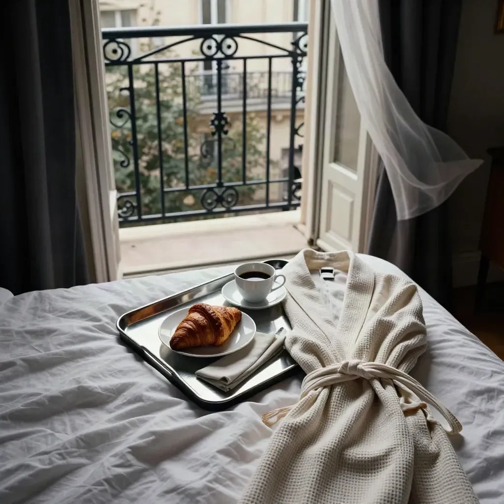 Suite avec balcon ouvert, plateau petit-déjeuner, peignoir plié et croissants dans une lumière matinale.