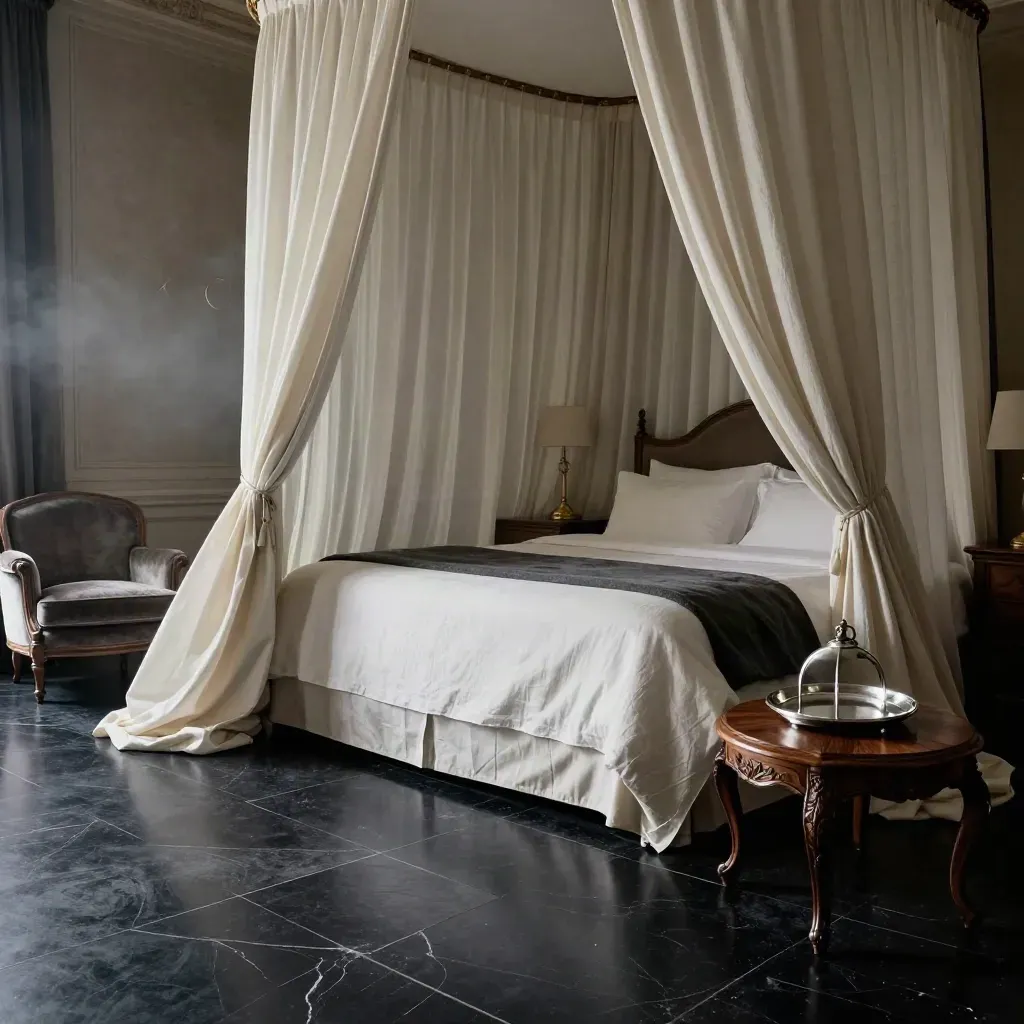 Suite parisienne luxueuse avec lit à baldaquin, fauteuil en velours et plateau cloche.