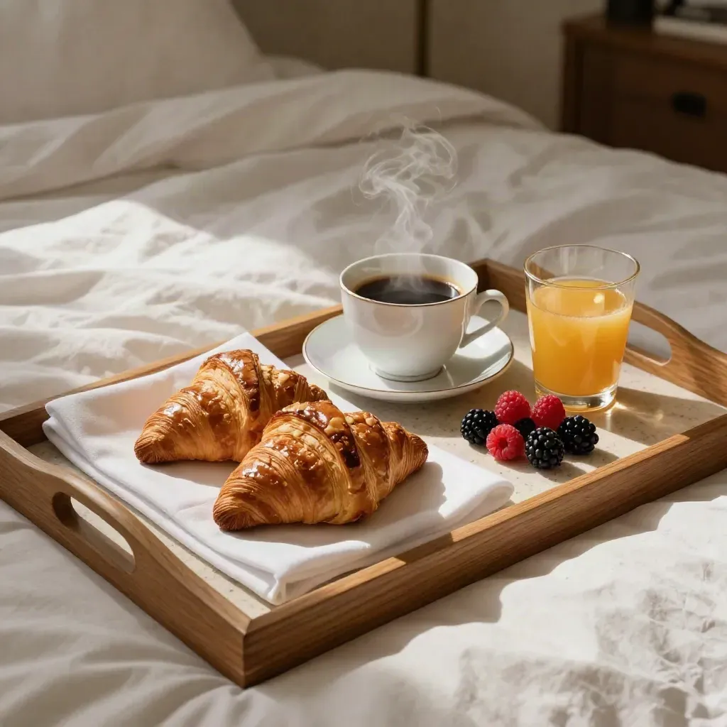 Petit-déjeuner parisien luxueux sur un plateau de lit, croissants, café fumant, jus, fruits rouges et linge blanc.