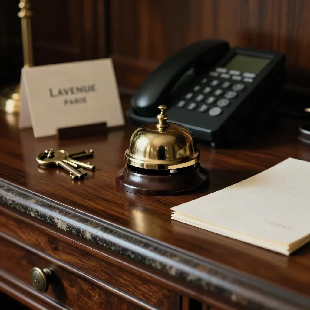 Gros plan d’un comptoir de conciergerie avec cloche en laiton, téléphone, clés et papeterie pliée.