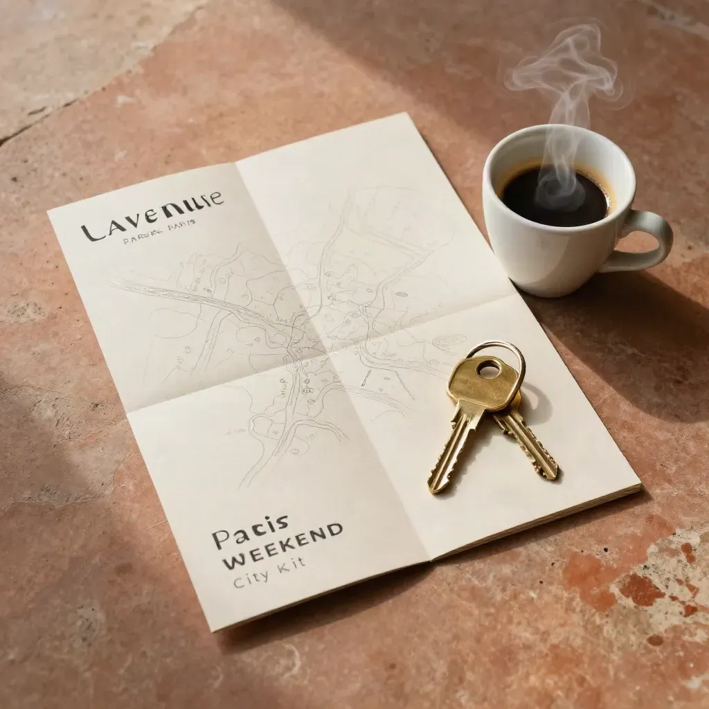 Carte week-end pliée, tasse de café et anneau de clés sur pierre claire.
