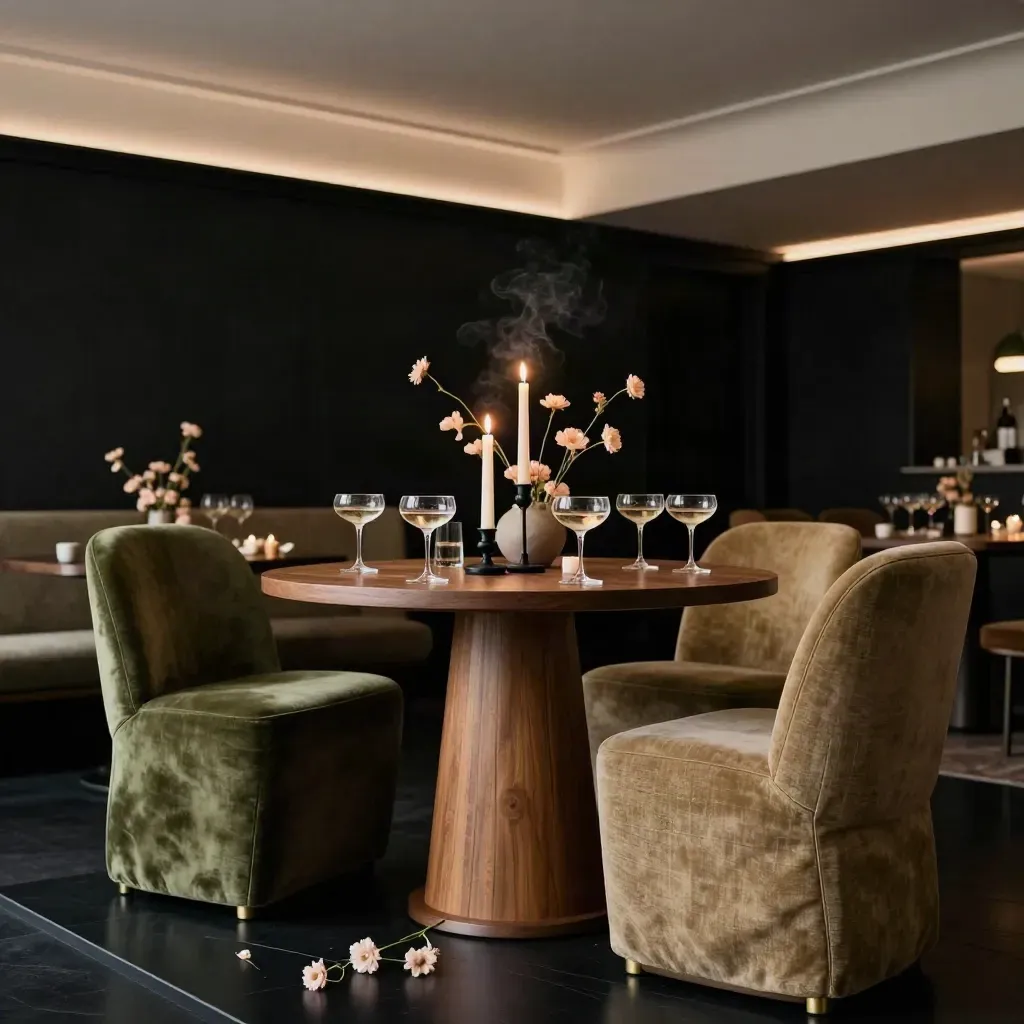 Salon privé élégant avec coupes, bougies, fauteuils olive et fleurs blush dans une lumière dramatique.