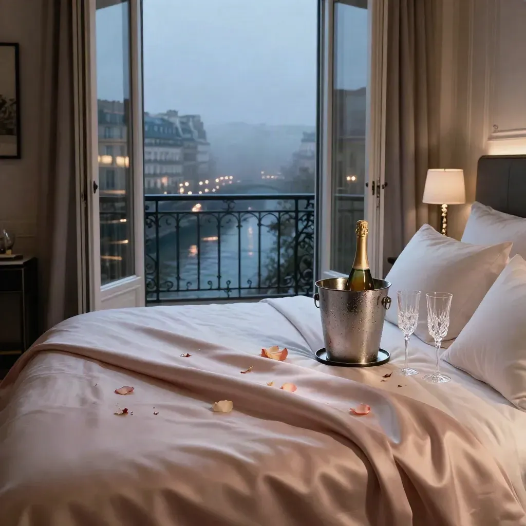 Suite avec draps blush, seau à champagne, pétales de rose et reflets de Paris au crépuscule.