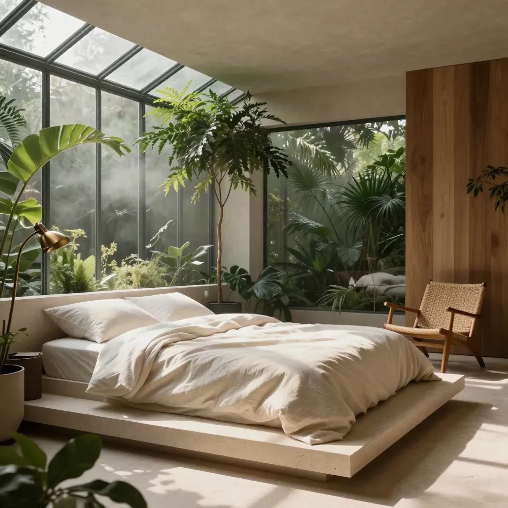 Suite jardin d’hiver lumineuse avec lit ivoire, chaise en rotin, ficus et verrière.