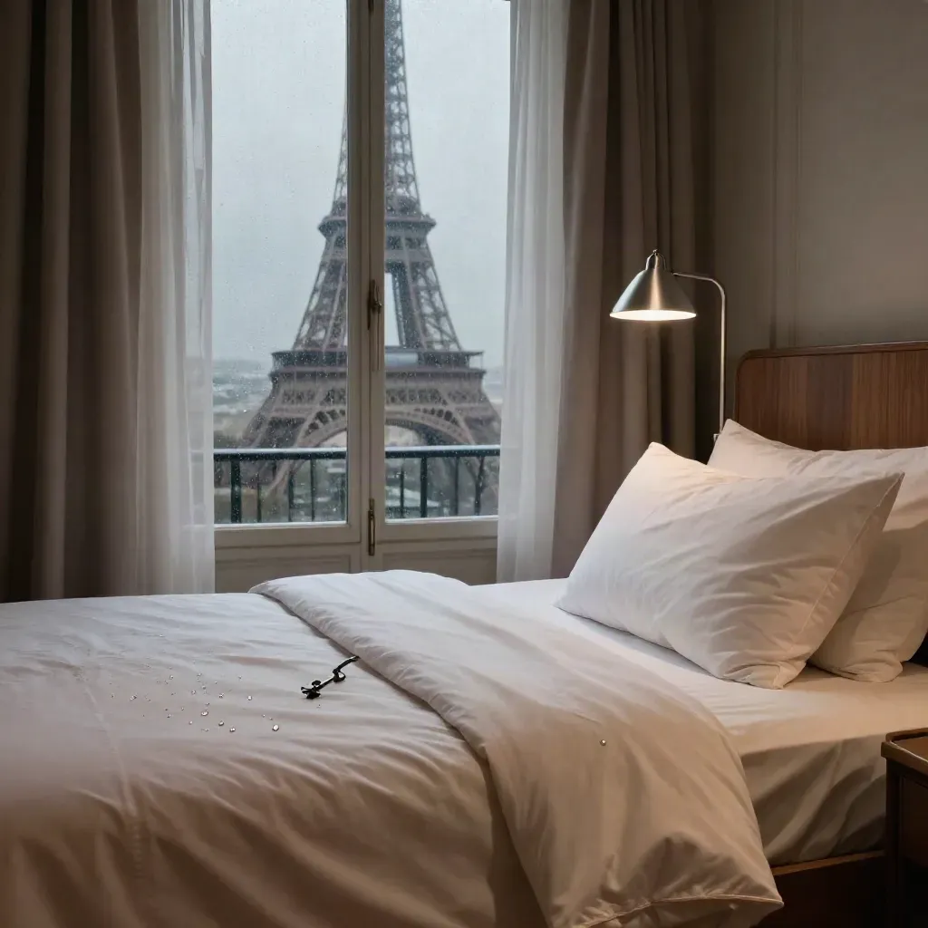 Gros plan d'un lit compact près d'une fenêtre parisienne, lampe fine et tour Eiffel floue sous la pluie.