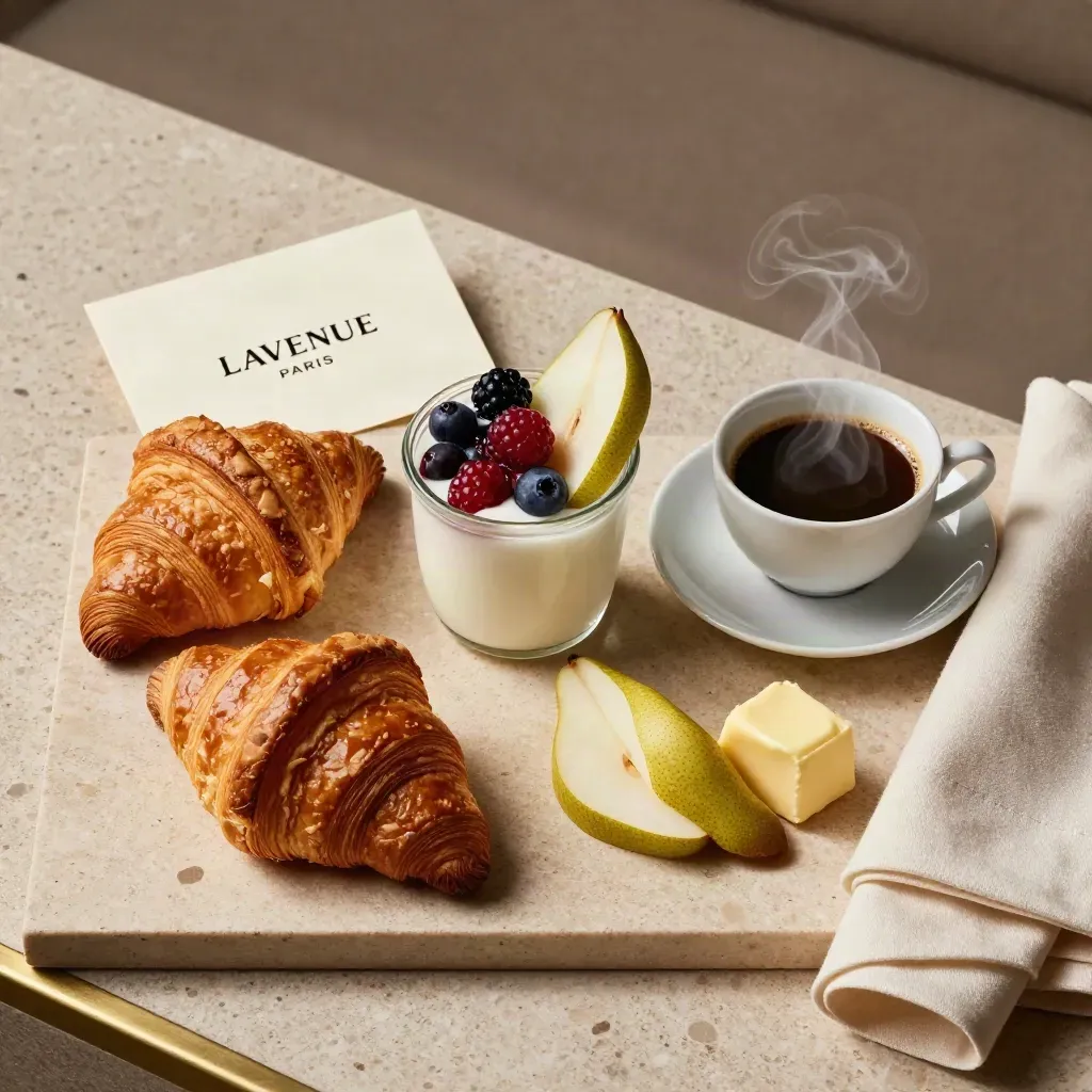 Petit-déjeuner hôtelier vu du dessus, croissants, fruits, yaourt, café fumant et linge ivoire.