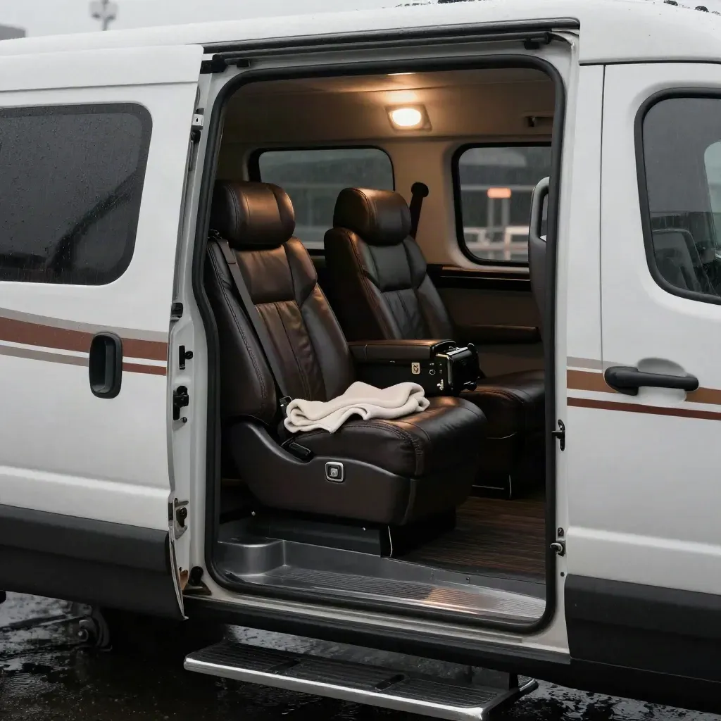 Navette privée de luxe, sièges en cuir sombre, valise et lumière de cabine sous la pluie.