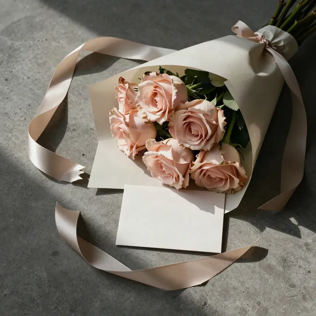 Bouquet de roses blush, ruban champagne et carte pliée sur béton gris clair.