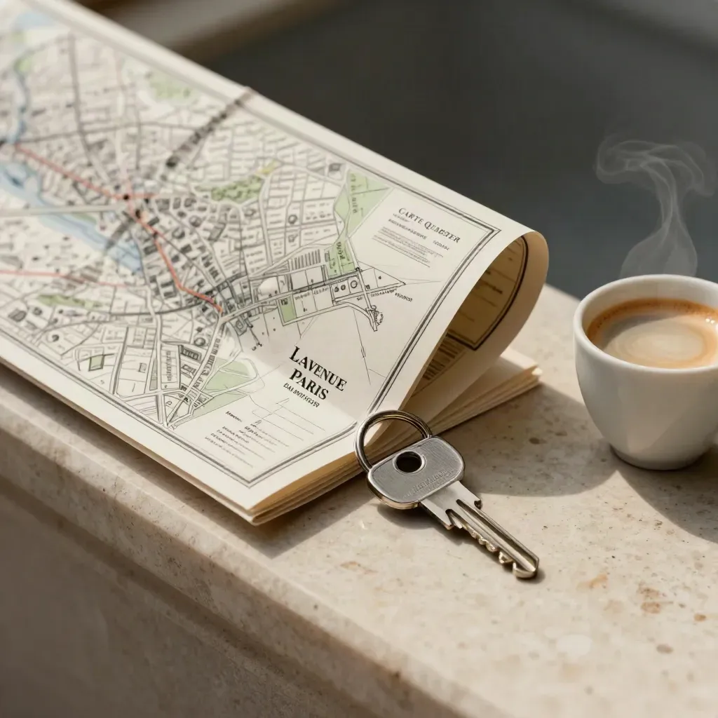 Carte de quartier pliée, porte-clés et tasse de café sur travertin, style hôtel parisien.