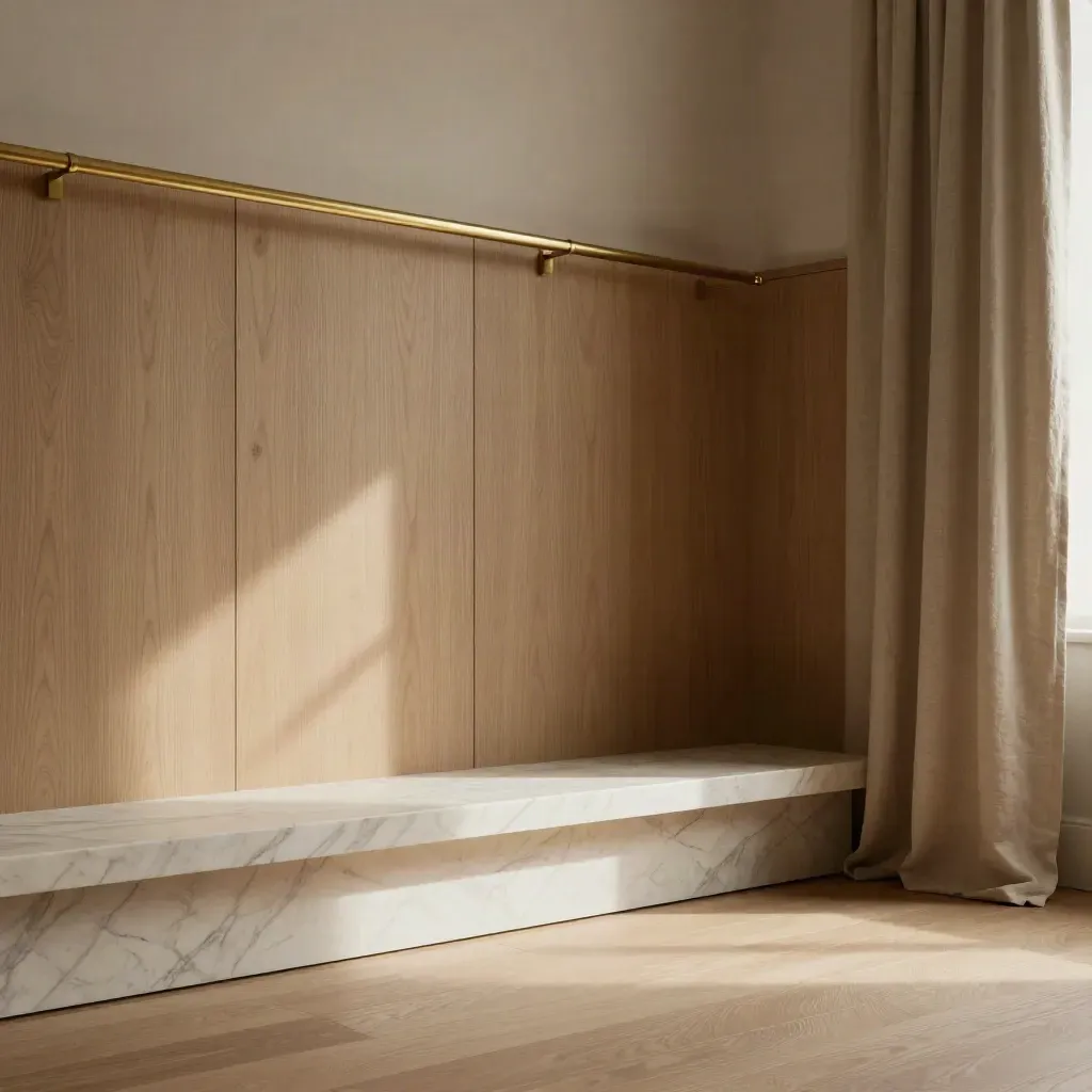 Coin de chambre haussmannienne calme, marbre veiné, bois clair et drapé doux sous la lumière du matin.