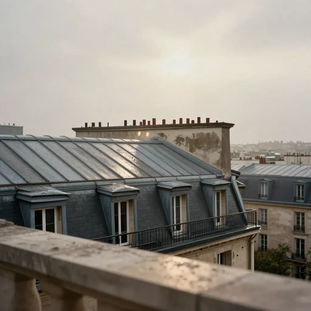 Toits parisiens mouillés après la pluie, ciel clair et espace calme pour le titre.