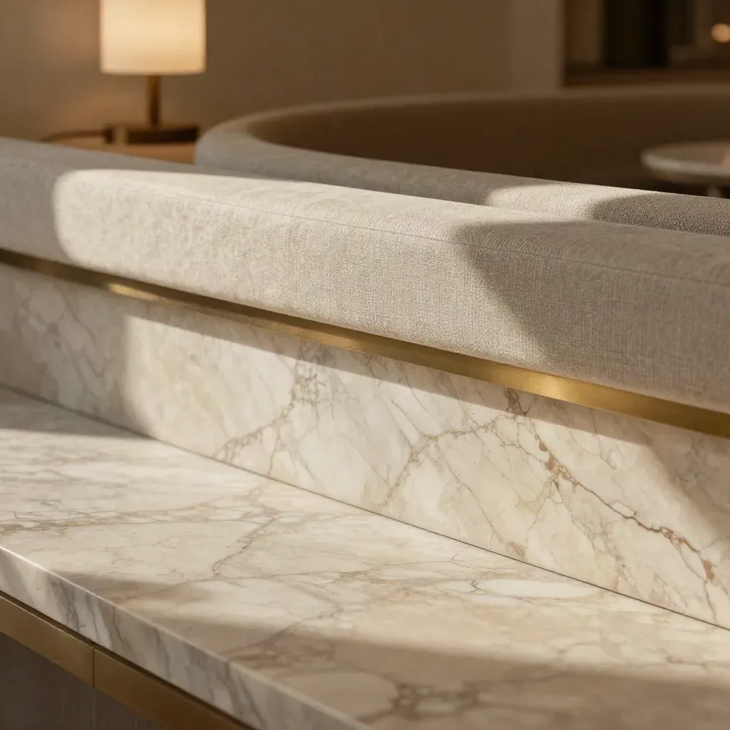 Surface de marbre chaud avec banquette en lin et détail de laiton, lumière douce d’après-midi.