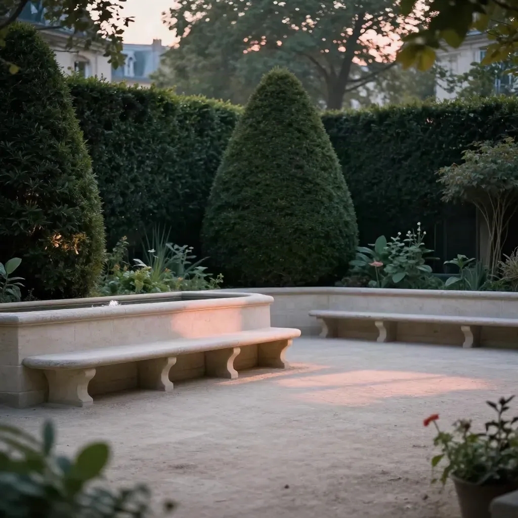 Cour intérieure parisienne avec buis taillés, banc en pierre et fontaine discrète au crépuscule.