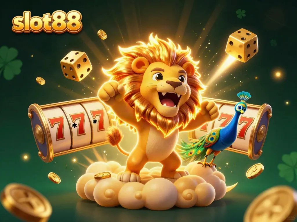 Engage with slot88, featuring a majestic lion and vibrant slot symbols in a dynamic casino scene.