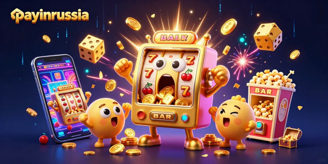 PayInRussia : machine à sous dorée frappant le jackpot avec des pièces qui tombent