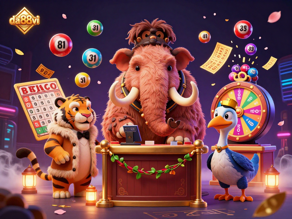 da88vi showcases a lively casino scene with a woolly mammoth bouncer and colorful lottery elements.