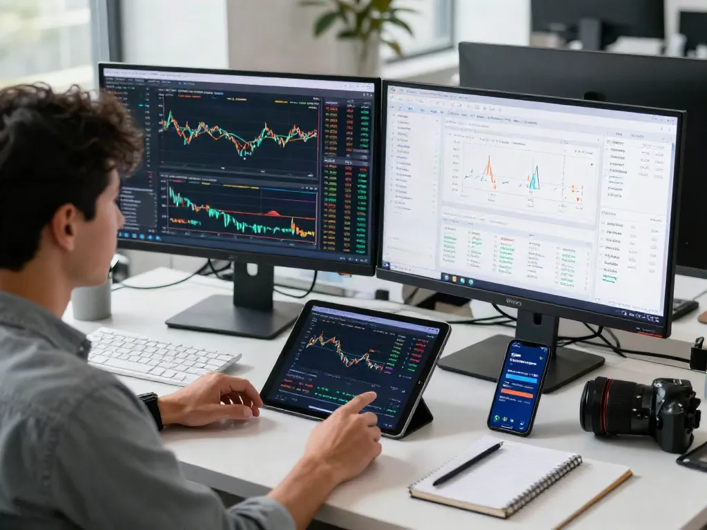 Interface de trading la-essorinvexaro.com avec trader analysant des données financières et alertes en temps réel.